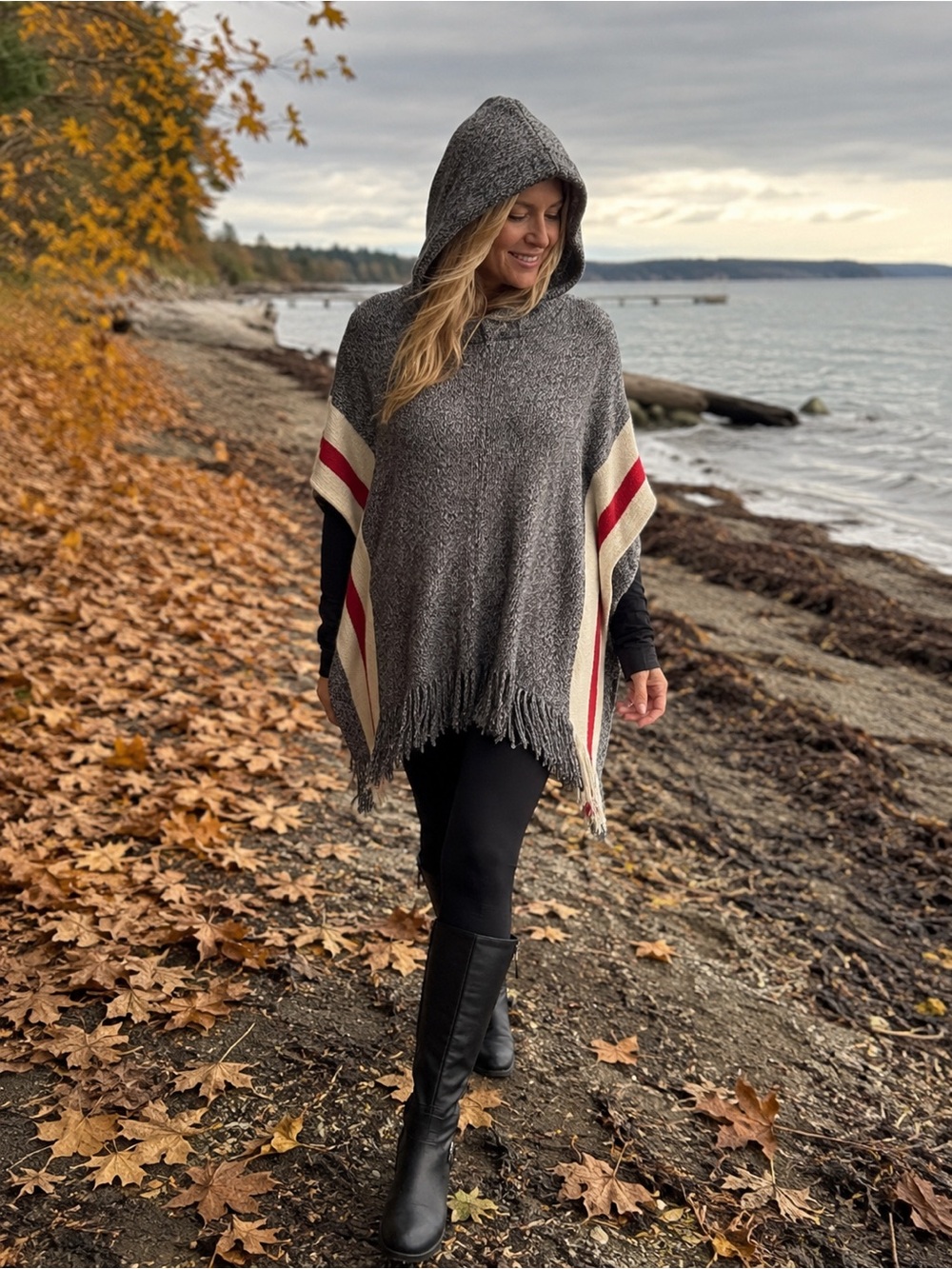 ROOTS Hooded Knit Poncho | Stripe | O/S 24/36